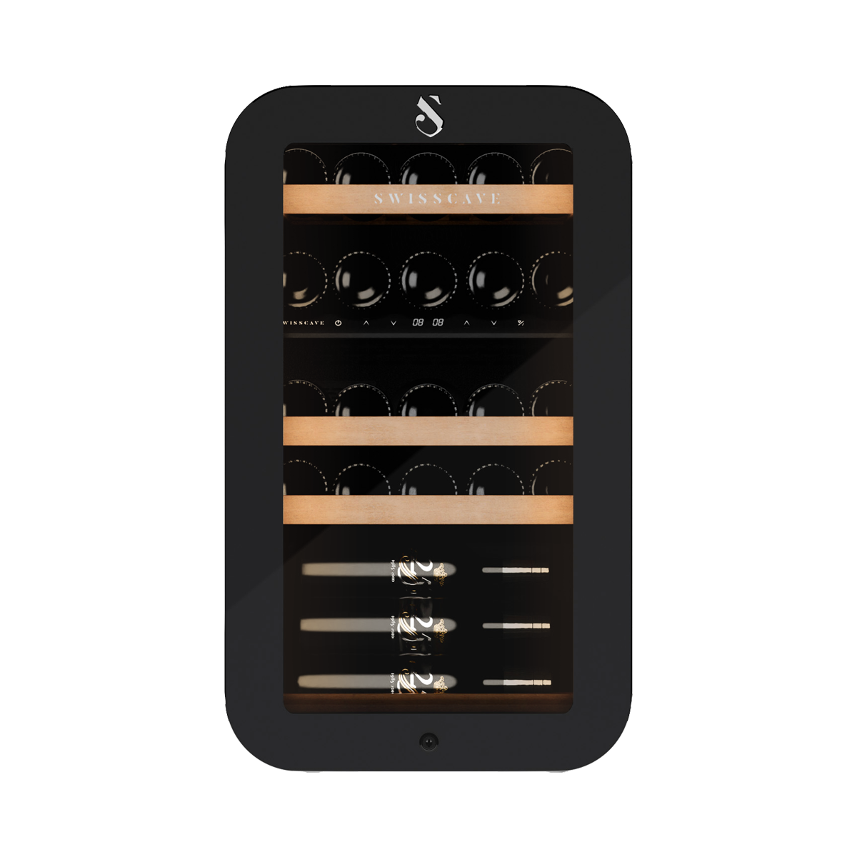SWISSCAVE PREMIUM EDITION WLB-120DF-BLACK Weinkühlschrank – Frontansicht mit Glastür