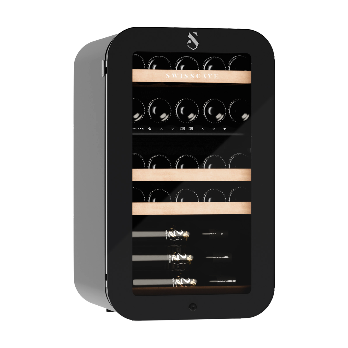 SWISSCAVE PREMIUM EDITION WLB-120DF-BLACK Weinkühlschrank – leicht seitliche Ansicht