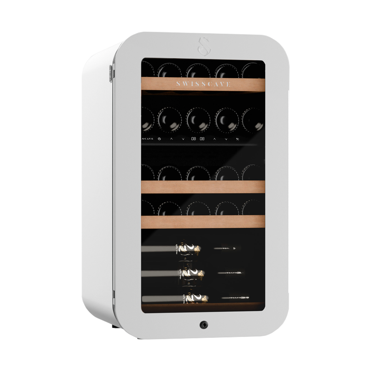 SWISSCAVE PREMIUM EDITION WLB-120DF-WHITE Weinkühlschrank – leicht seitliche Ansicht