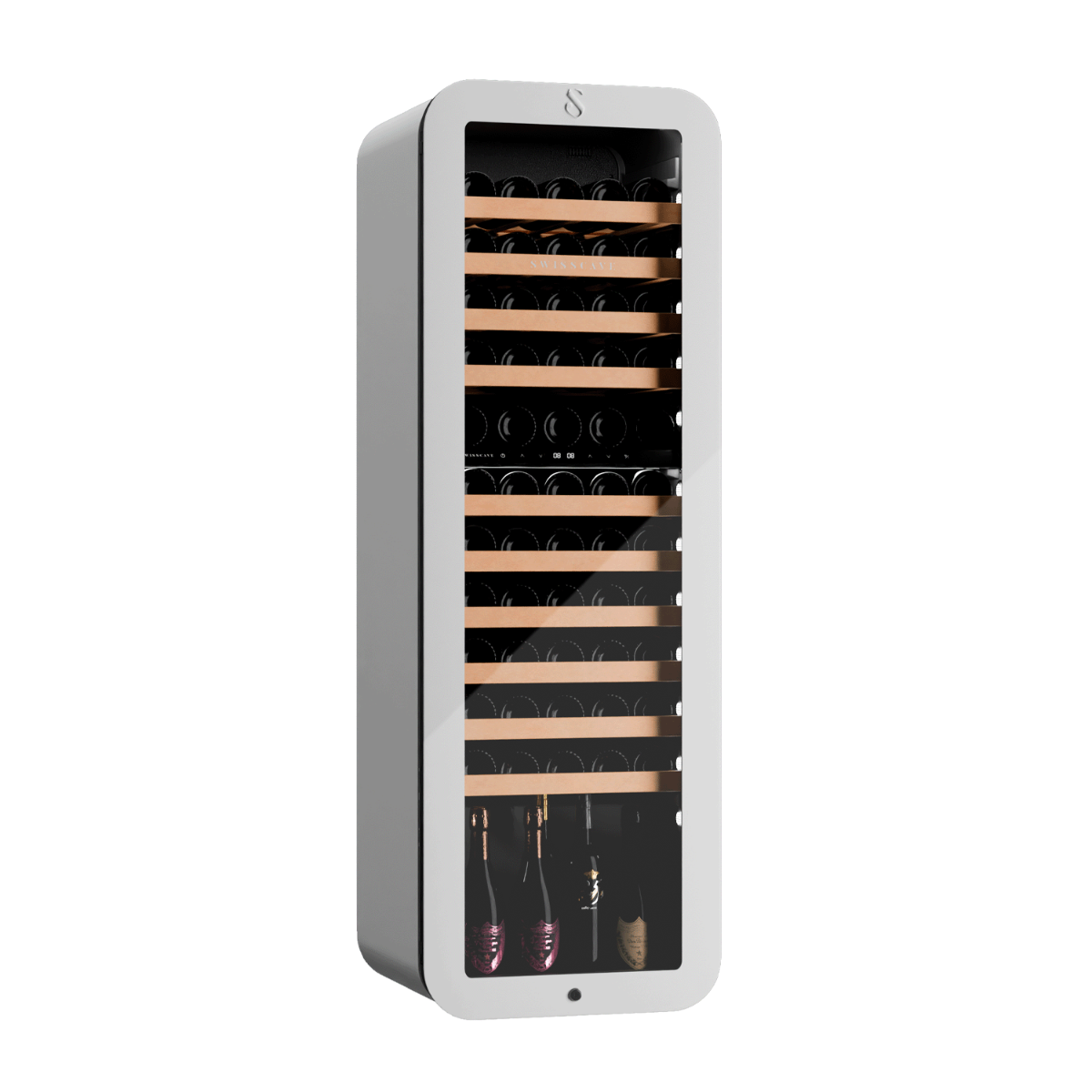 SWISSCAVE PREMIUM EDITION WLB-320DF-WHITE Weinkühlschrank – leicht seitliche Ansicht