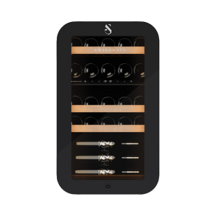SWISSCAVE PREMIUM EDITION WLB-120DF-BLACK Weink&uuml;hlschrank &ndash; Frontansicht mit Glast&uuml;r